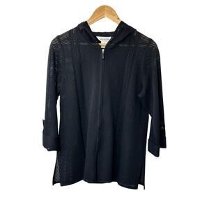 Exclusively Misook Black Mesh Full-Zip Hooded Jacket 3/4 Sleeves Women's Small